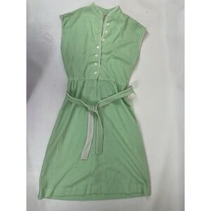 Lady Carol of NY Dress Size 10 Green White Trim Mandarin Collar Belted Midi Mod